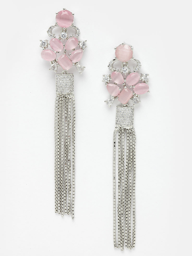 Pink Rhodium-Plated with Silver-Toned American Diamond Contemporary Drop Earrings