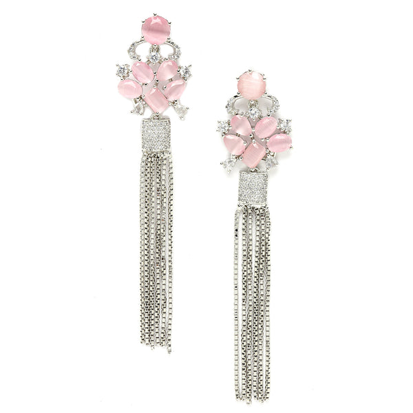 Pink Rhodium-Plated with Silver-Toned American Diamond Contemporary Drop Earrings