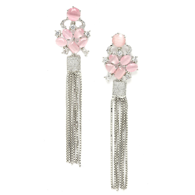 Pink Rhodium-Plated with Silver-Toned American Diamond Contemporary Drop Earrings