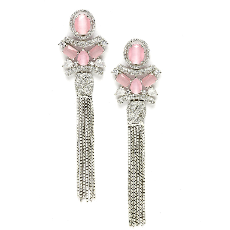 Rhodium-Plated With Silver-Toned American Diamond Studded Drop Earrings