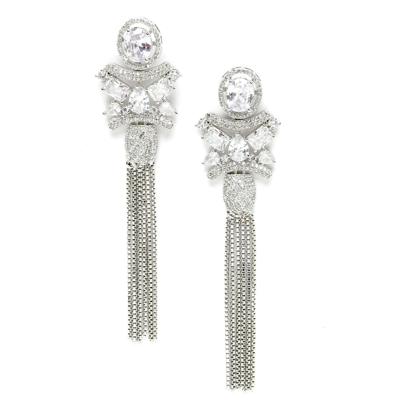 Rhodium-Plated With Silver-Toned American Diamond Studded Drop Earrings