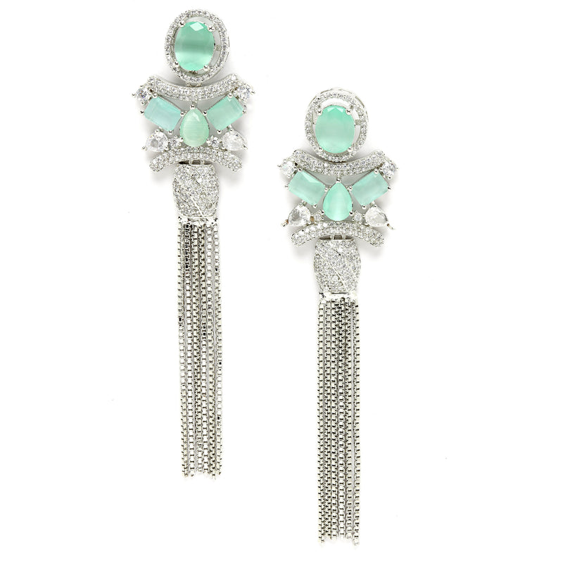 Rhodium-Plated With Silver-Toned American Diamond Studded Drop Earrings