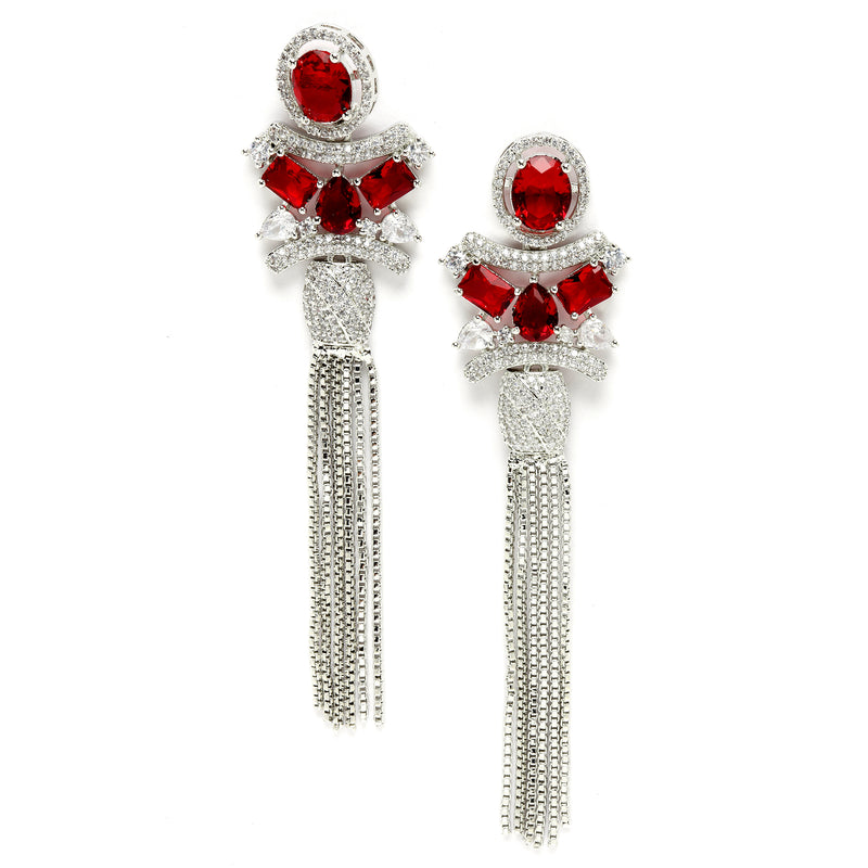 Rhodium-Plated With Silver-Toned American Diamond Studded Drop Earrings