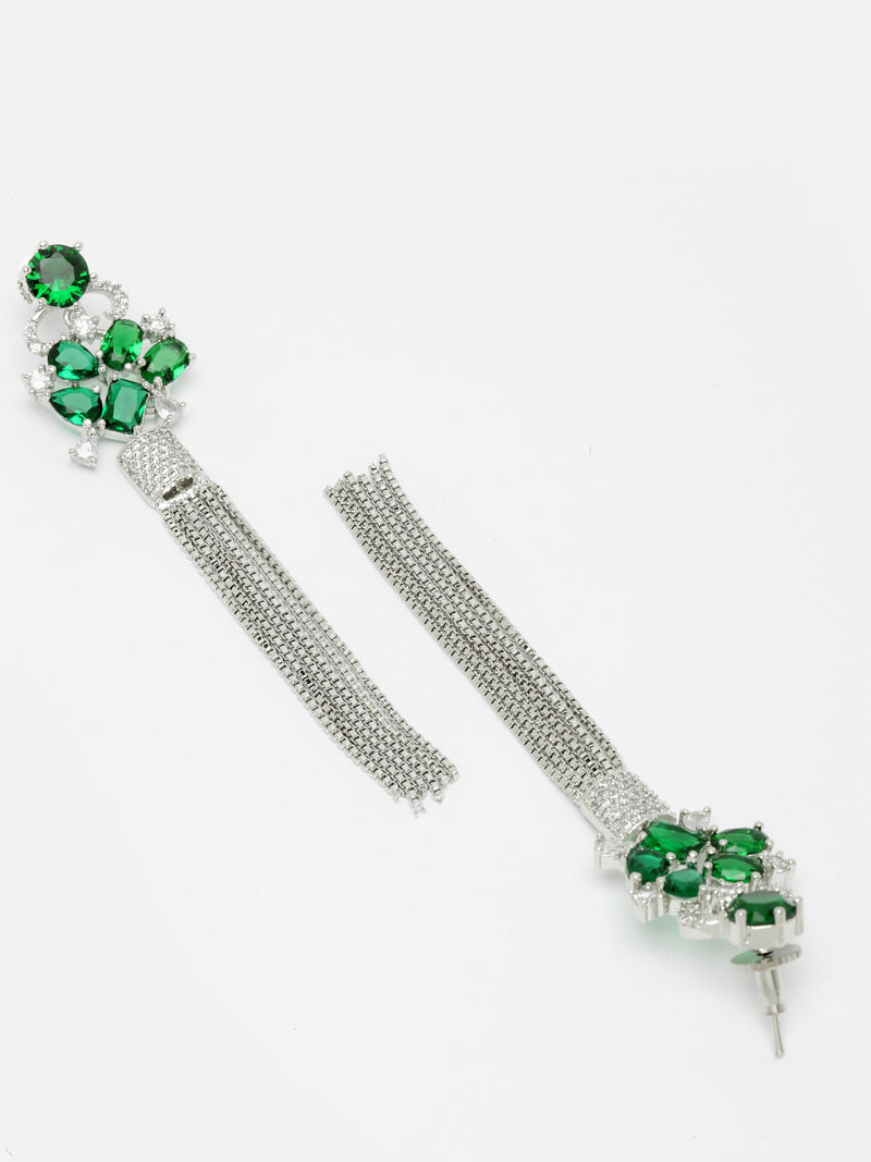 Green Rhodium-Plated with Silver-Toned American Diamond Contemporary Drop Earrings