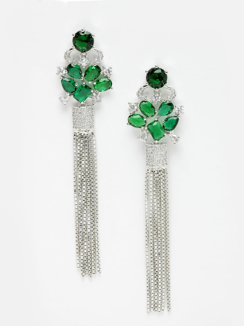 Green Rhodium-Plated with Silver-Toned American Diamond Contemporary Drop Earrings