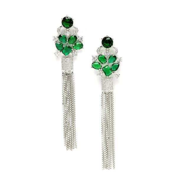 Green Rhodium-Plated with Silver-Toned American Diamond Contemporary Drop Earrings