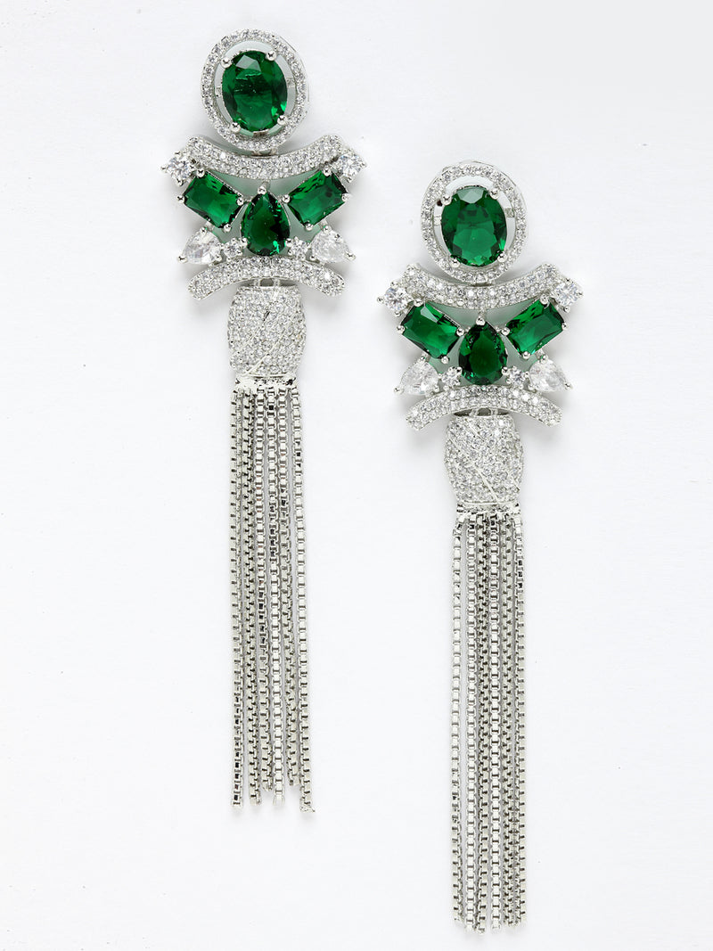 Rhodium-Plated With Silver-Toned American Diamond Studded Drop Earrings