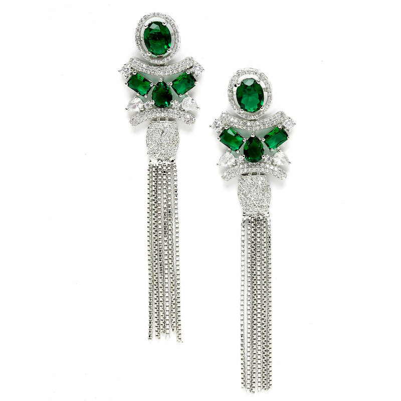 Rhodium-Plated With Silver-Toned American Diamond Studded Drop Earrings