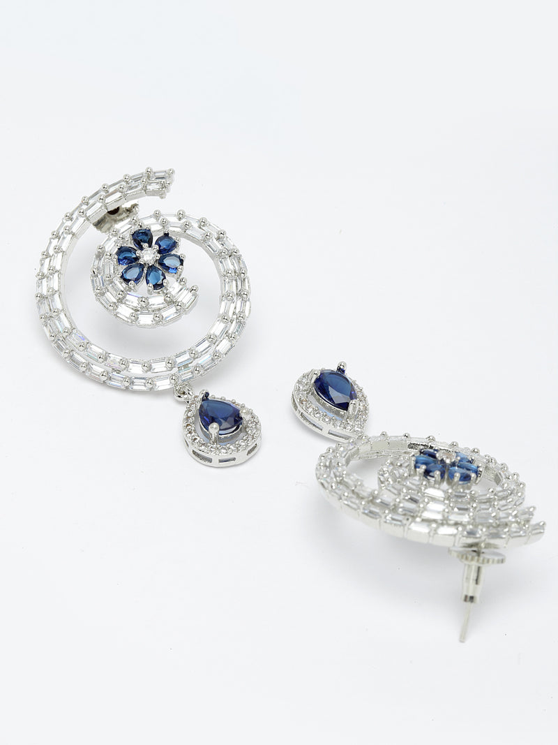 Rhodium-Plated with Silver-Toned American Diamond Circular Drop Earrings