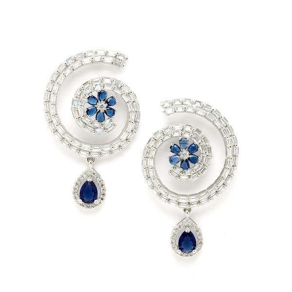 Rhodium-Plated with Silver-Toned American Diamond Circular Drop Earrings