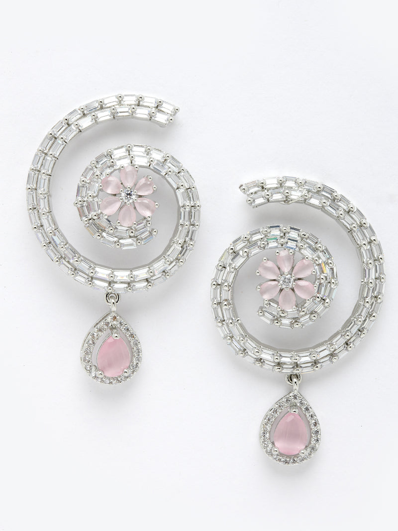 Rhodium-Plated with Silver-Toned American Diamond Circular Drop Earrings