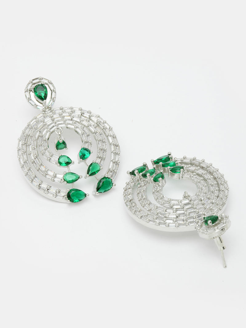 Rhodium-Plated with Silver-Tone Green & White American Diamond Studded Circular Contemporary Drop Earrings