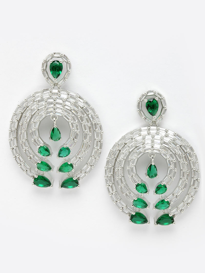Rhodium-Plated with Silver-Tone Green & White American Diamond Studded Circular Contemporary Drop Earrings