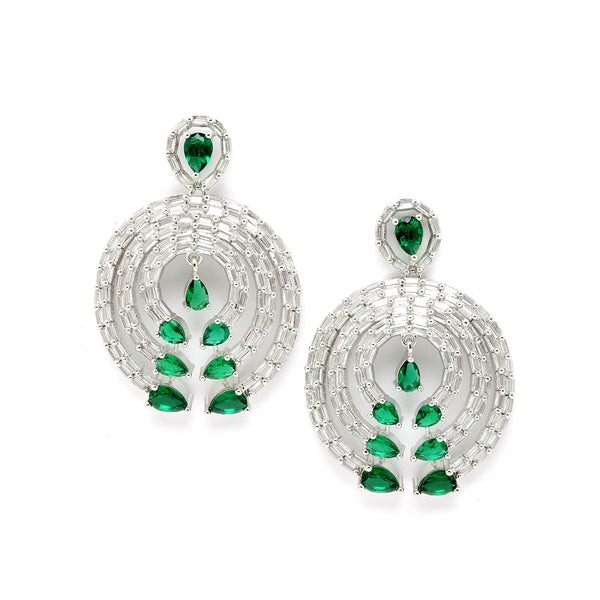 Rhodium-Plated with Silver-Tone Green & White American Diamond Studded Circular Contemporary Drop Earrings