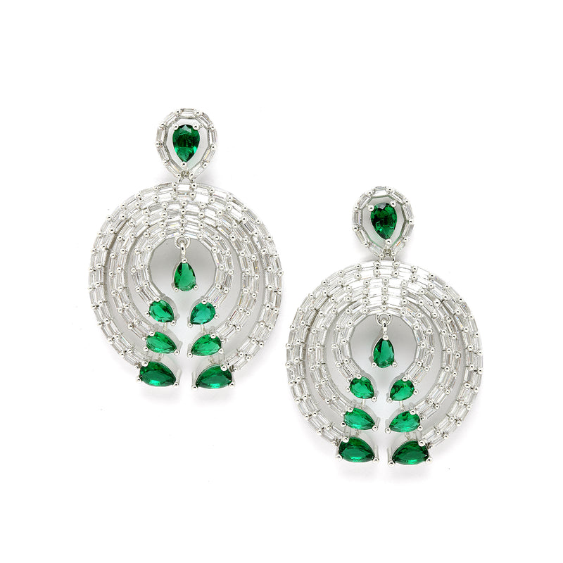 Rhodium-Plated with Silver-Tone Green & White American Diamond Studded Circular Contemporary Drop Earrings