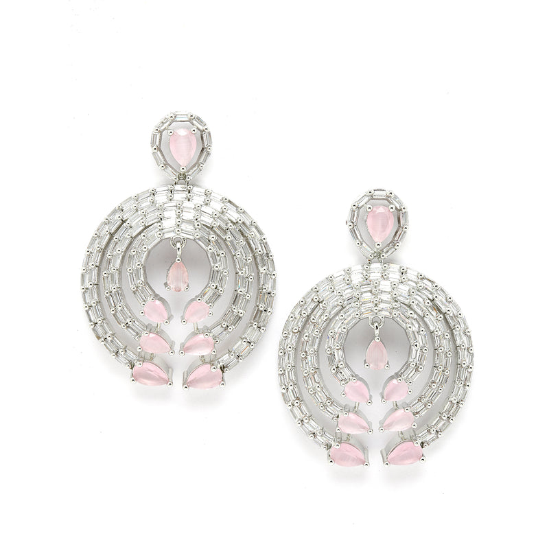 Rhodium-Plated with Silver-Tone Pink & White American Diamond Studded Circular Contemporary Drop Earrings