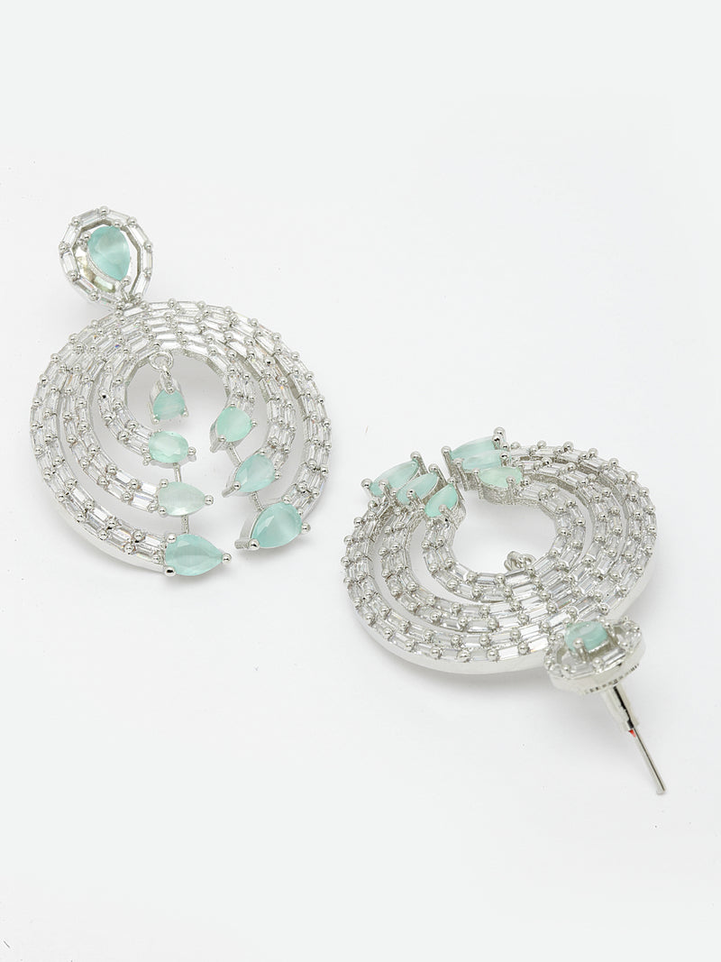 Rhodium-Plated with Silver-Tone Sea Green & White American Diamond Studded Circular Contemporary Drop Earrings