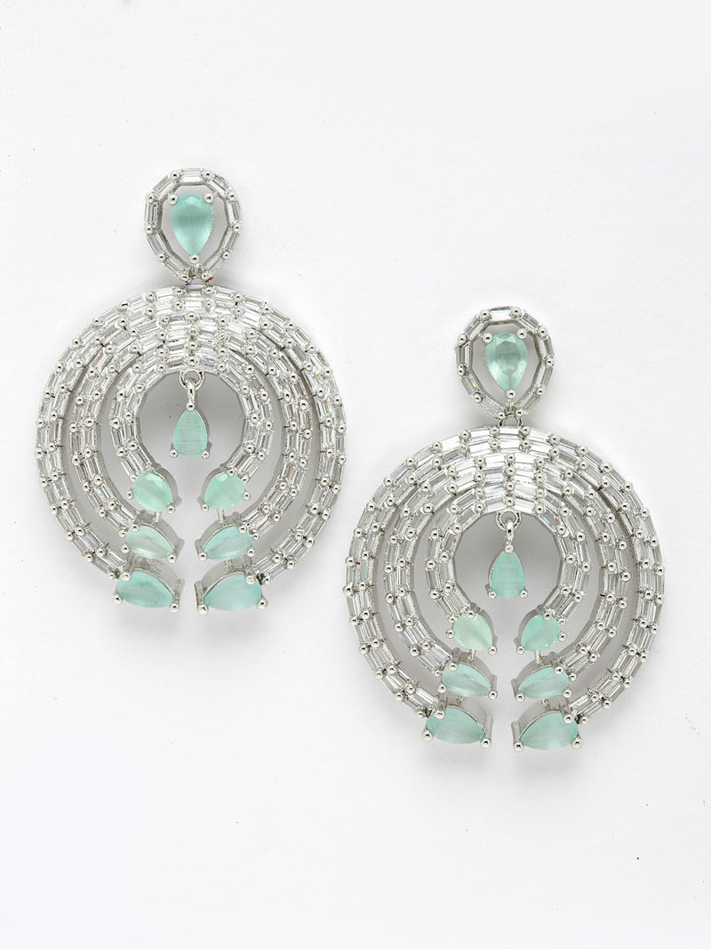 Rhodium-Plated with Silver-Tone Sea Green & White American Diamond Studded Circular Contemporary Drop Earrings