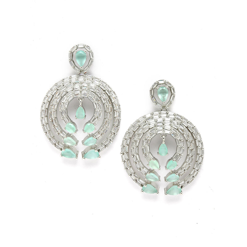 Rhodium-Plated with Silver-Tone Sea Green & White American Diamond Studded Circular Contemporary Drop Earrings
