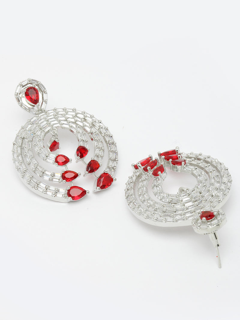 Rhodium-Plated with Silver-Tone Red & White American Diamond Studded Circular Contemporary Drop Earrings