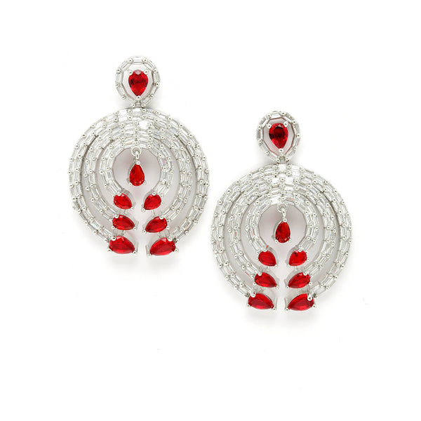 Rhodium-Plated with Silver-Tone Red & White American Diamond Studded Circular Contemporary Drop Earrings
