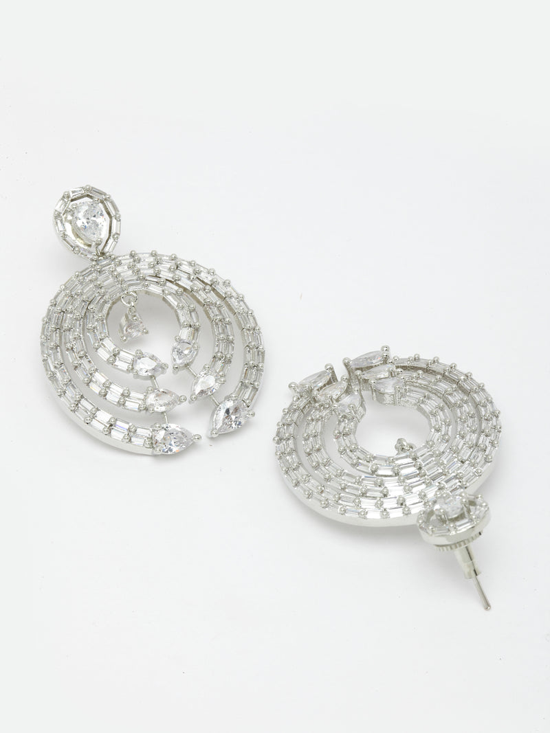 Rhodium-Plated with Silver-Tone White American Diamond Studded Circular Contemporary Drop Earrings