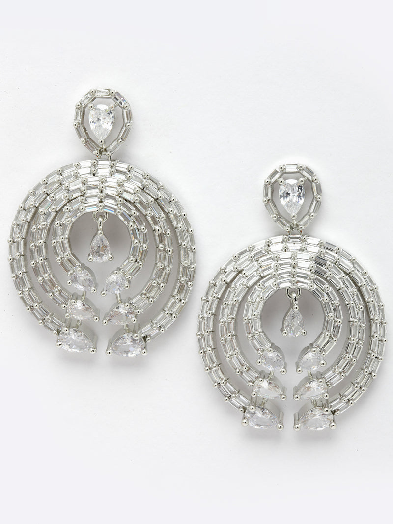 Rhodium-Plated with Silver-Tone White American Diamond Studded Circular Contemporary Drop Earrings