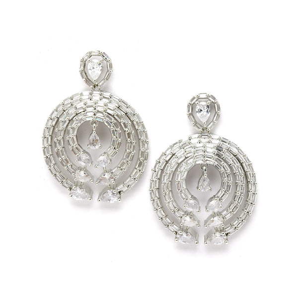 Rhodium-Plated with Silver-Tone White American Diamond Studded Circular Contemporary Drop Earrings