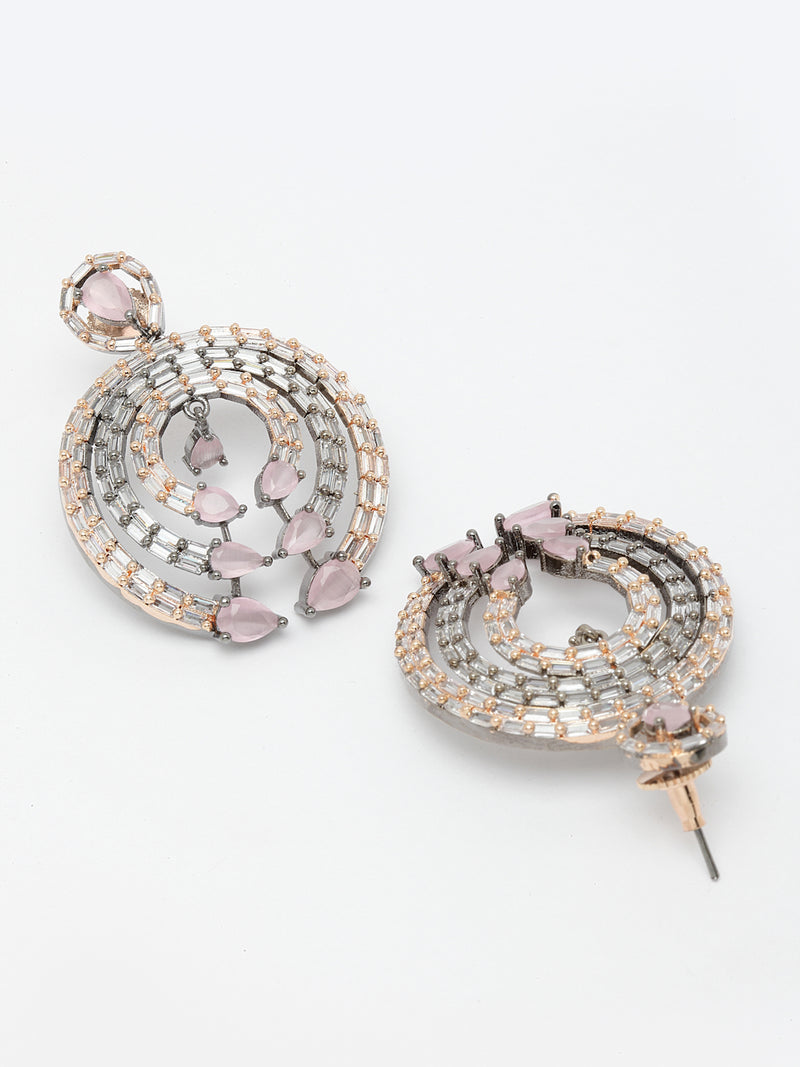 Rose Gold-Plated Gunmetal Toned Pink American Diamond Studded Circular Contemporary Drop Earrings