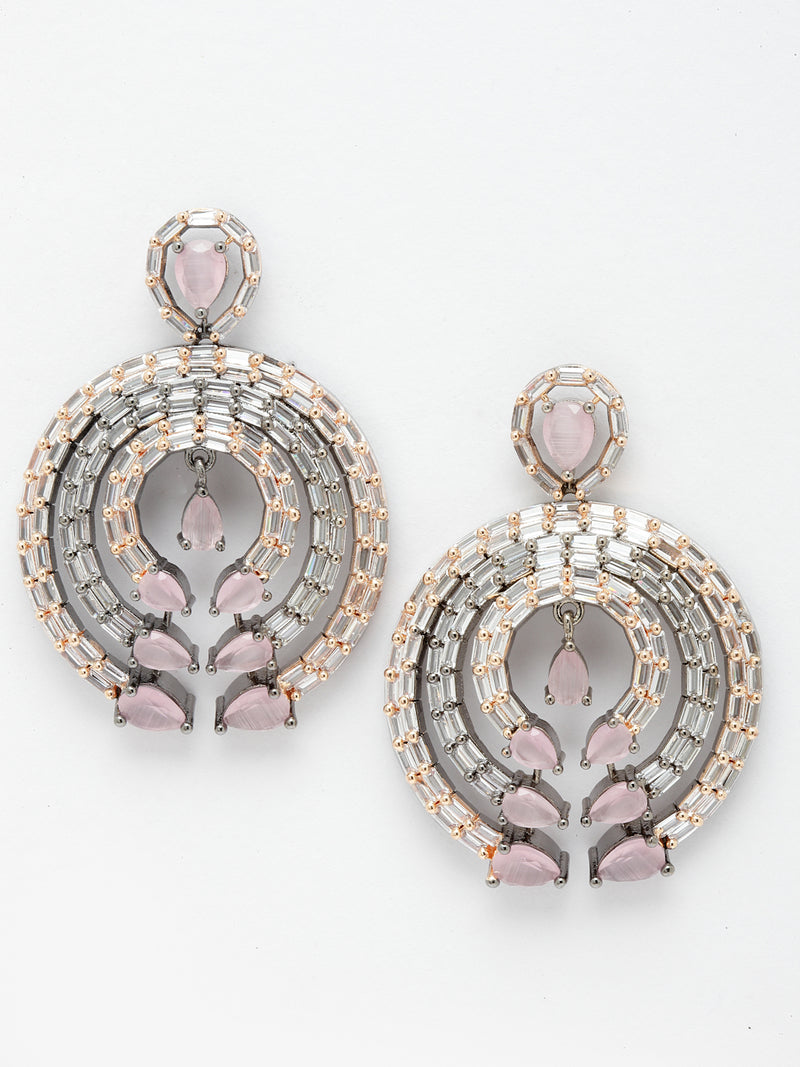 Rose Gold-Plated Gunmetal Toned Pink American Diamond Studded Circular Contemporary Drop Earrings