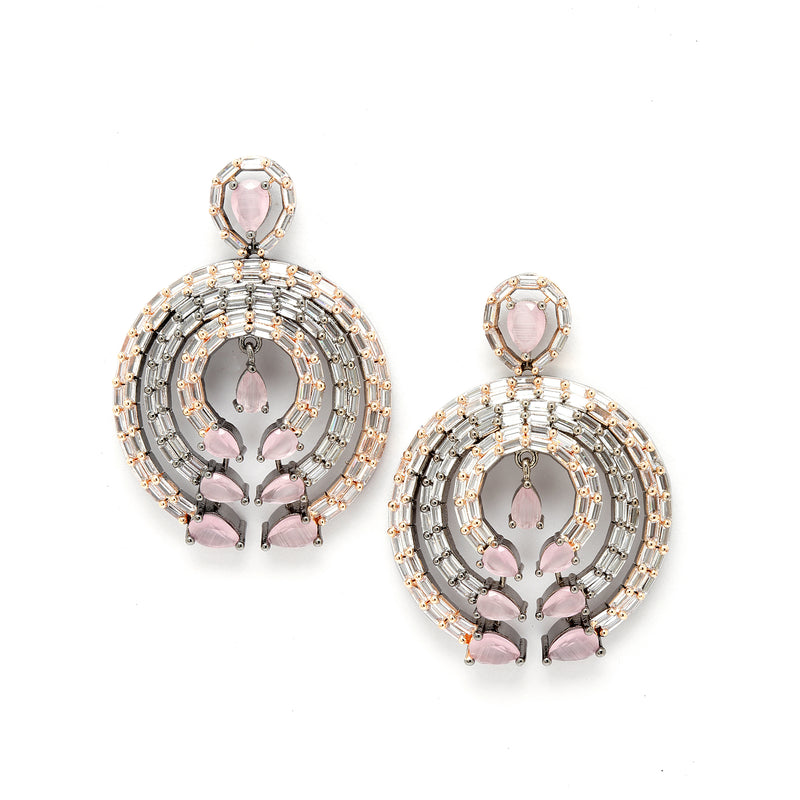 Rose Gold-Plated Gunmetal Toned Pink American Diamond Studded Circular Contemporary Drop Earrings