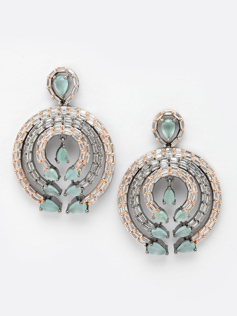 Rose Gold-Plated Gunmetal Toned Sea Green American Diamond Studded Circular Contemporary Drop Earrings