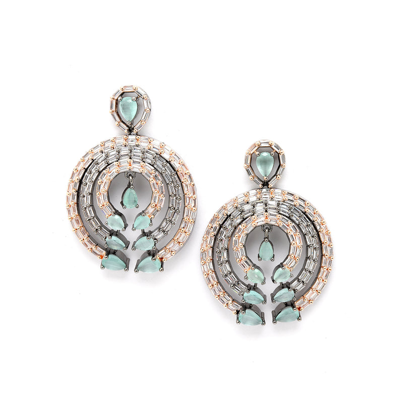 Rose Gold-Plated Gunmetal Toned Sea Green American Diamond Studded Circular Contemporary Drop Earrings