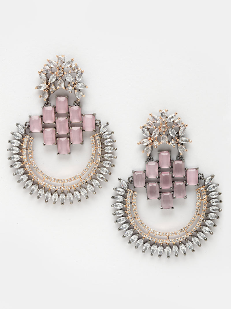Rose Gold-Plated Gunmetal Toned American Diamond Studded Circular Chandbali Earrings