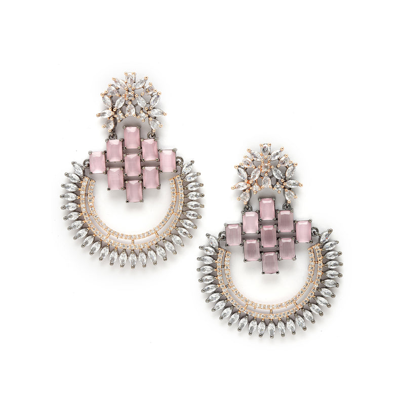 Rose Gold-Plated Gunmetal Toned American Diamond Studded Circular Chandbali Earrings