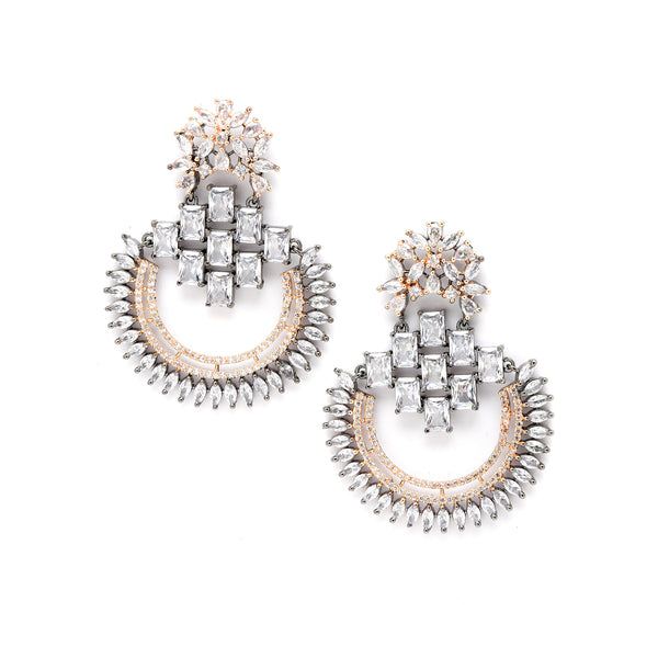 Rose Gold-Plated Gunmetal Toned American Diamond Studded Circular Chandbali Earrings