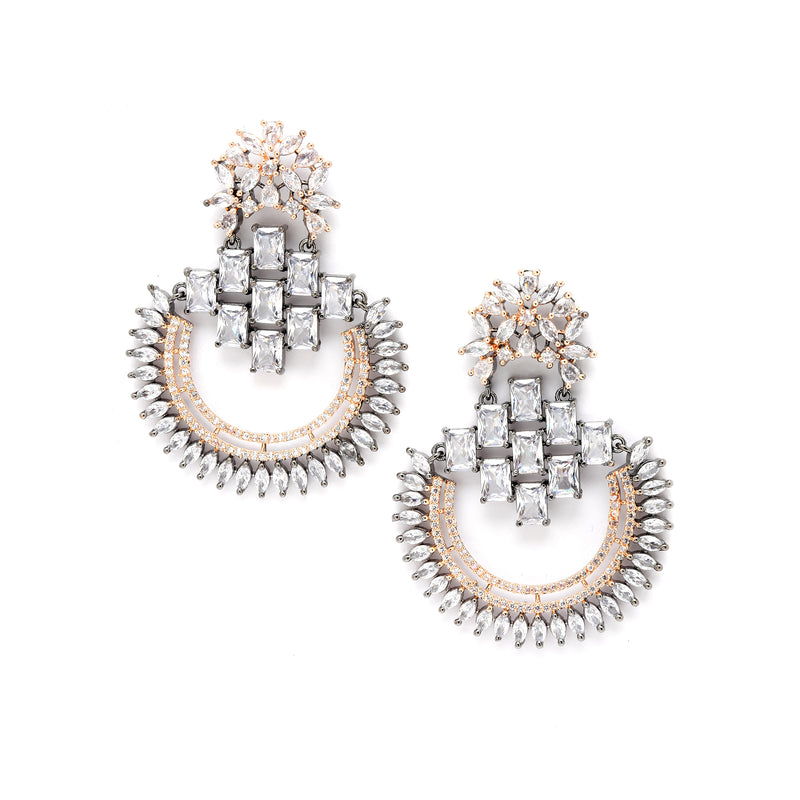 Rose Gold-Plated Gunmetal Toned American Diamond Studded Circular Chandbali Earrings