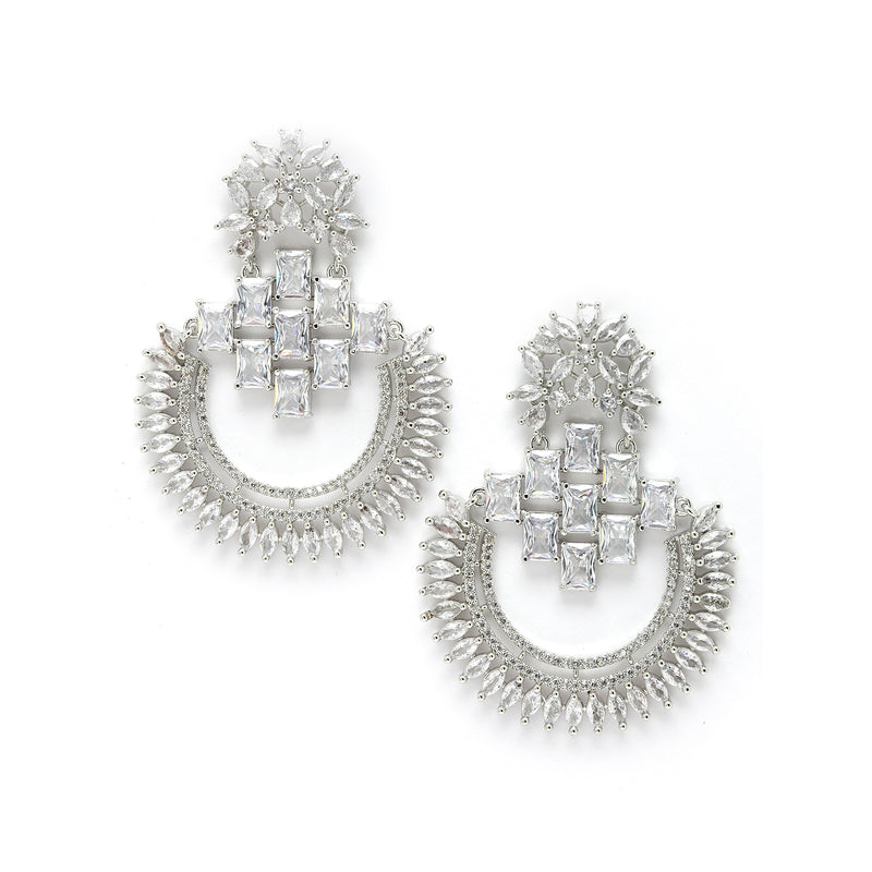 Rhodium-Plated American Diamond Studded Circular Chandbali Earrings