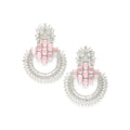 Rhodium Plated Circular American Diamond Contemporary Long Drop Earrings