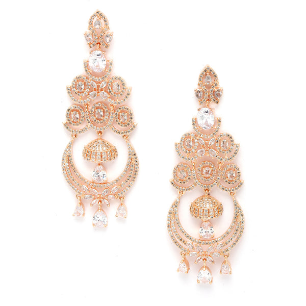 Rose Gold-Plated White American Diamond Floral Drop Earrings