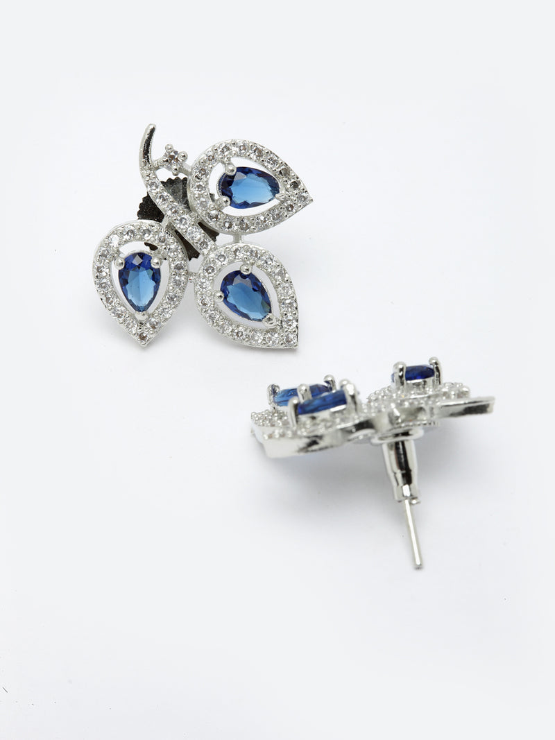 Rhodium-Plated with Silver-Toned Navy Blue American Diamond Leaf Shaped Studs Earrings