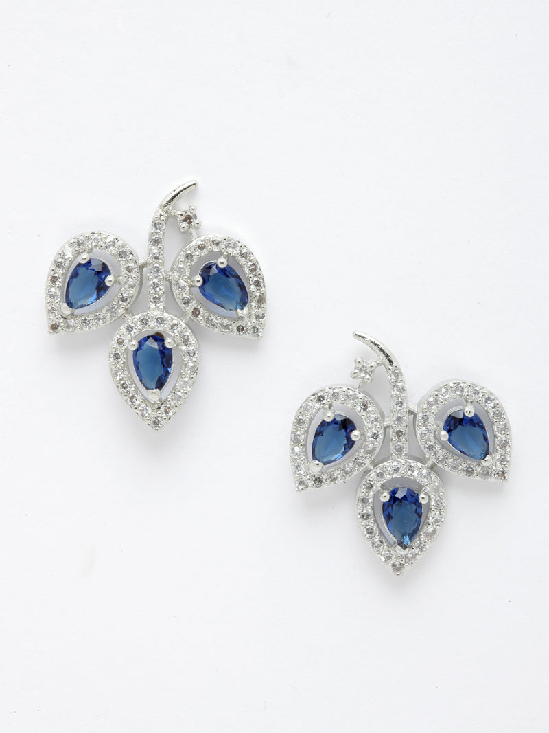 Rhodium-Plated with Silver-Toned Navy Blue American Diamond Leaf Shaped Studs Earrings