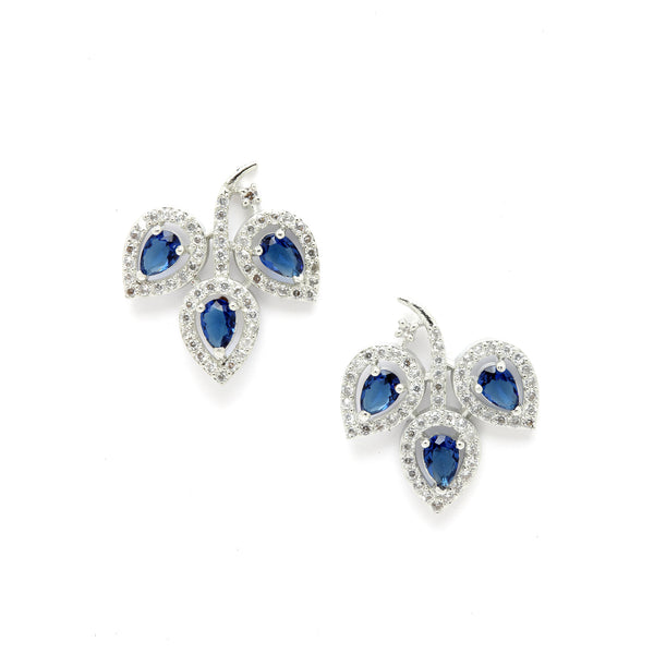 Rhodium-Plated with Silver-Toned Navy Blue American Diamond Leaf Shaped Studs Earrings