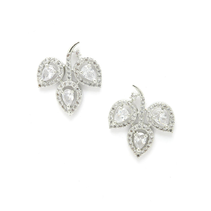 Rhodium-Plated with Silver-Toned White American Diamond Leaf Shaped Studs Earrings