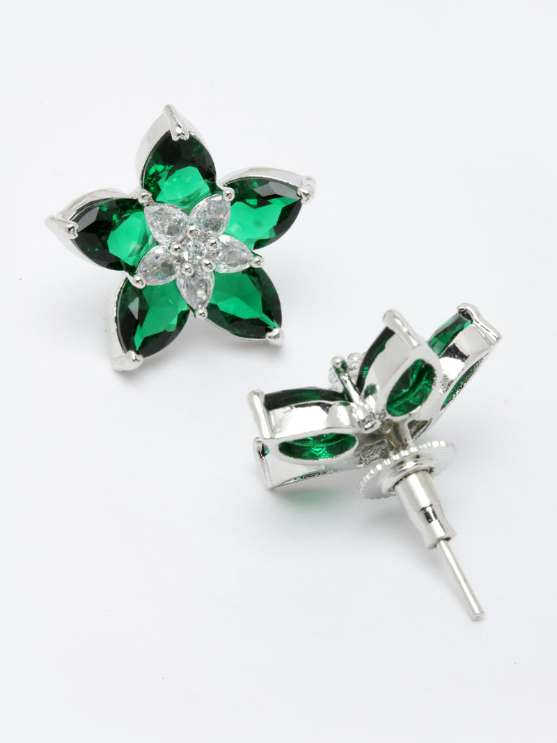 Rhodium-Plated with Silver-Toned Green American Diamond Floral Studs Earrings