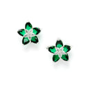 Rhodium-Plated with Silver-Toned Green American Diamond Floral Studs Earrings