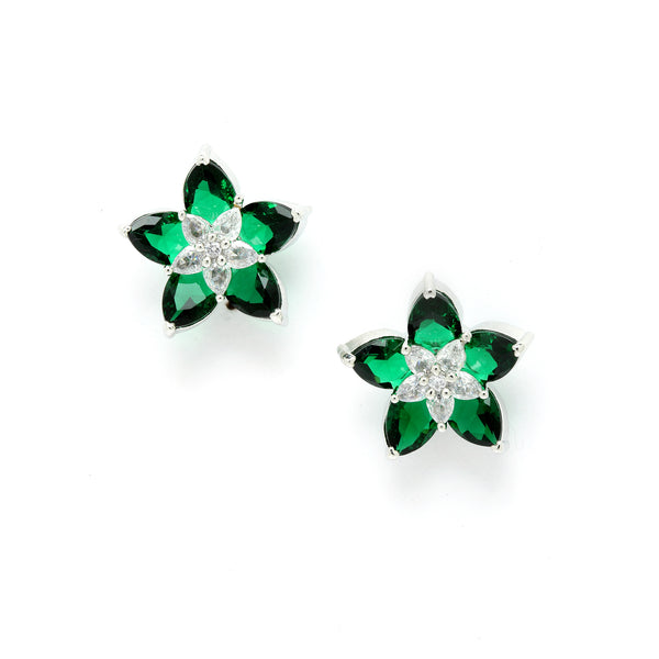 Rhodium-Plated with Silver-Toned Green American Diamond Floral Studs Earrings