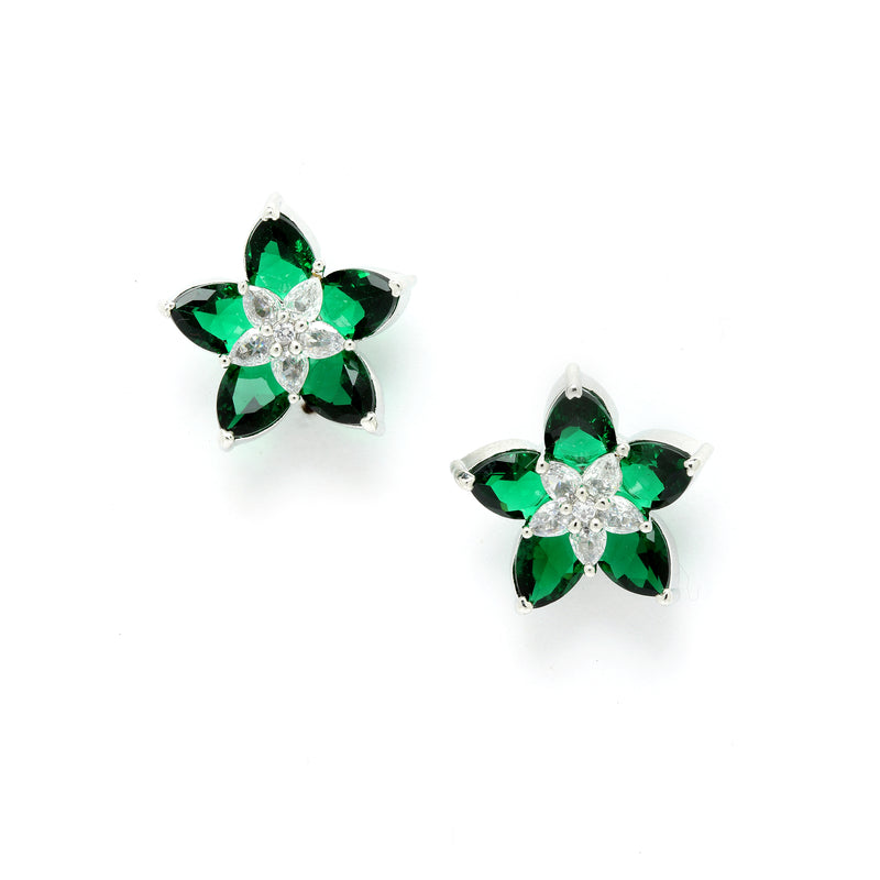 Rhodium-Plated with Silver-Toned Green American Diamond Floral Studs Earrings