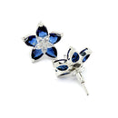 Rhodium-Plated with Silver-Toned Navy Blue American Diamond Floral Studs Earrings