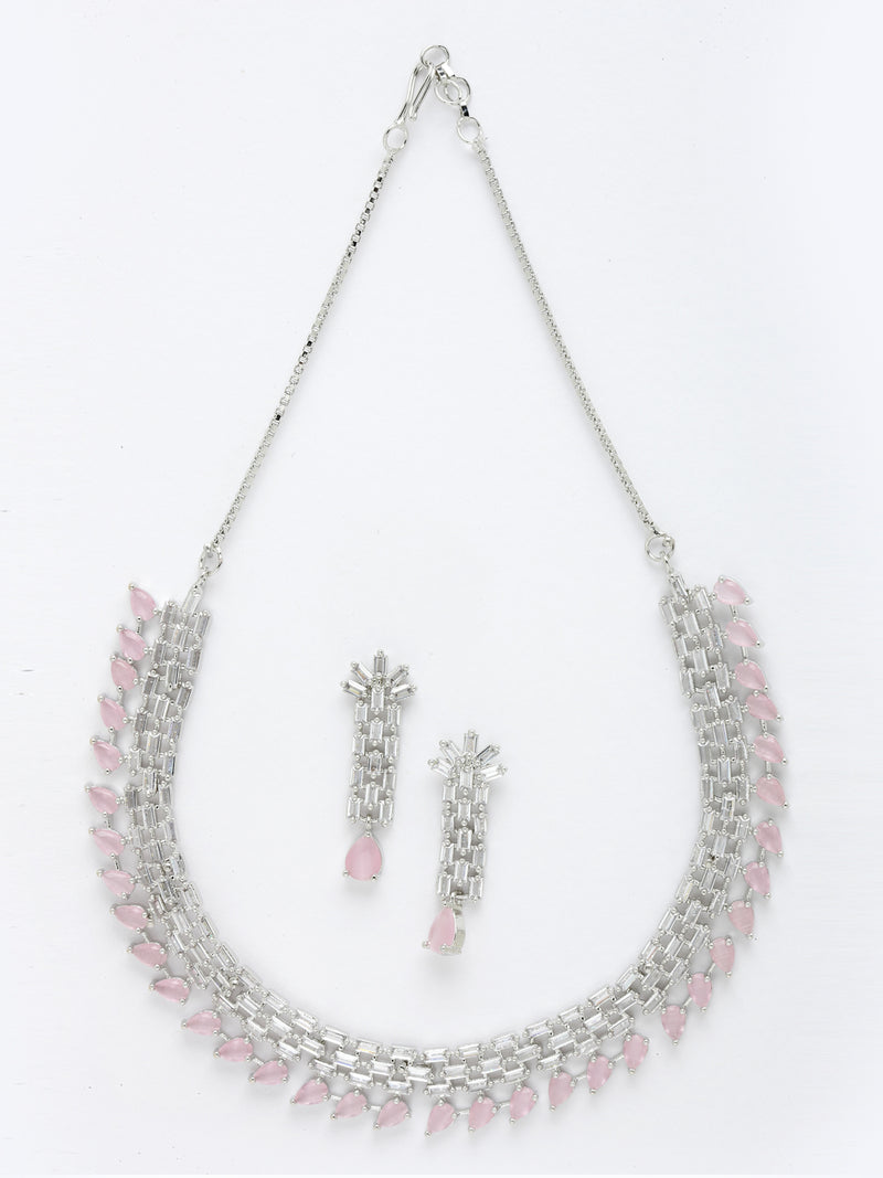 Rhodium-Plated with Silver-Toned Pink and White American Diamond Studded Necklace & Earrings Jewellery Set